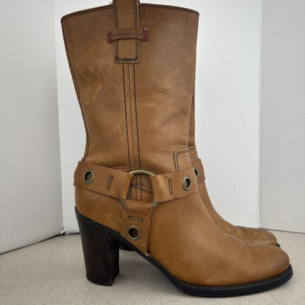 Vintage Y2K Women Tommy Hilfiger Brown Boots Size 9M Stack Heel Mid Calf Western
